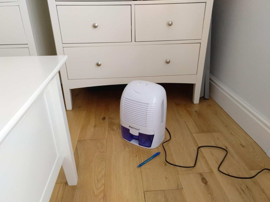 view of our own new purchase testing pro breeze 1500ml portable cheap dehumidifier uk unboxing package arrival several weeks to months