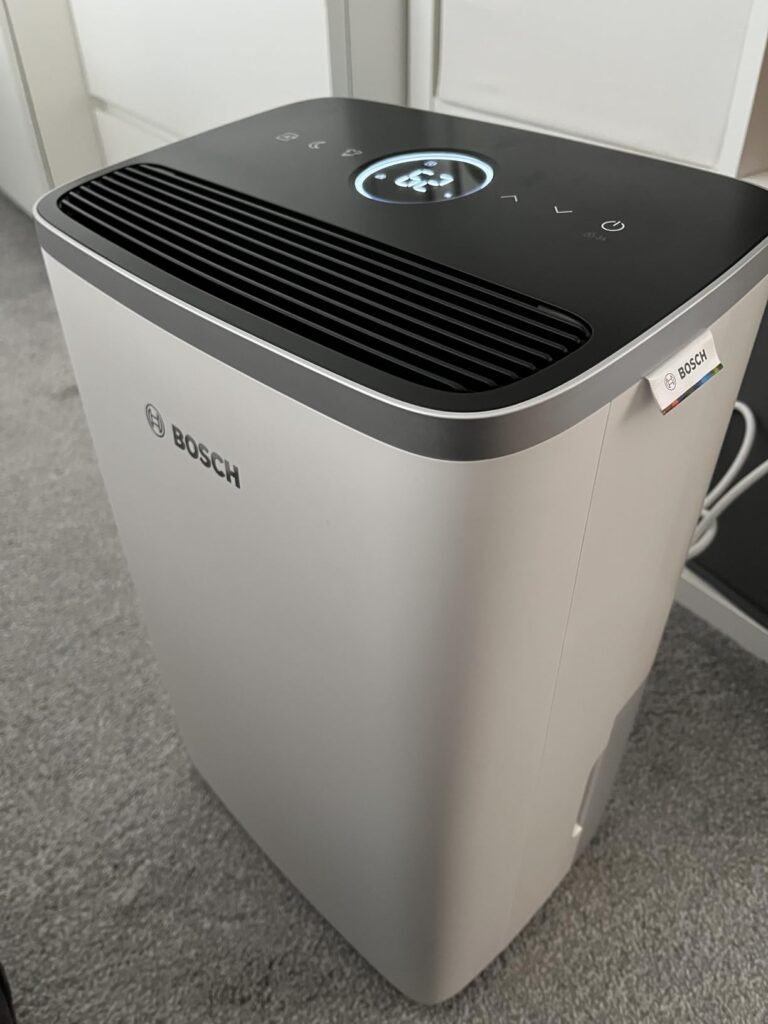 view of our own purchase testing bosch dry (noise level less than 38db) quietest dehumidifier uk unboxing package arrival several weeks to months